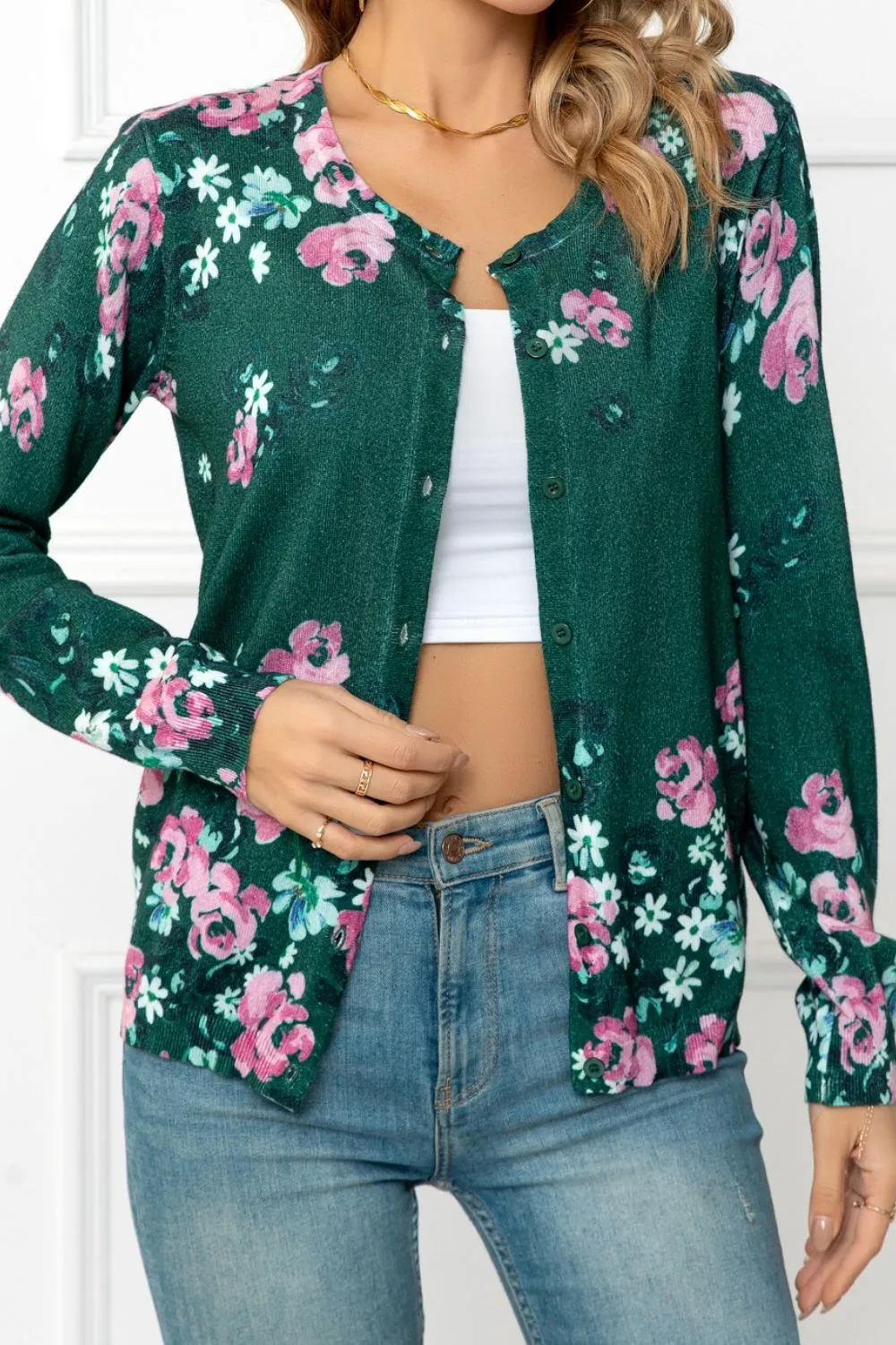 Woven Right Floral Button Front Round Neck Cardigan